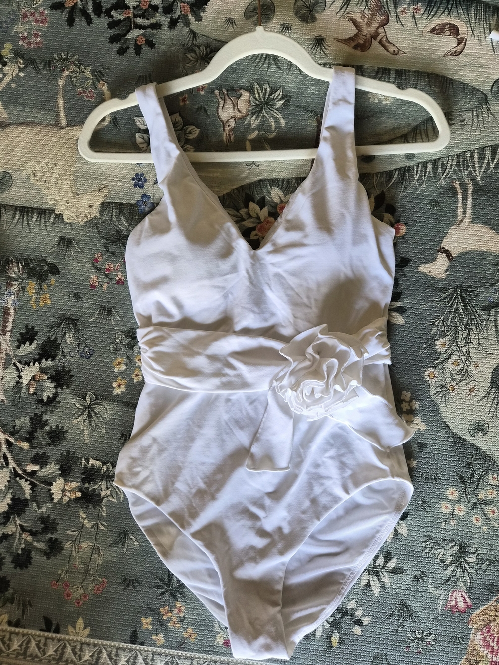 Andie Swim Bridal Rose White V-Neck One-Piece Swimsuit with Floral Waist Detail - Picture 3 of 9